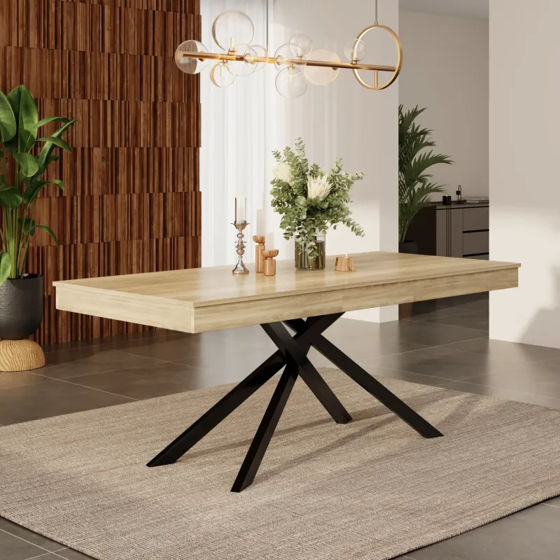 Extendable Dining Table with Crossed Metal Legs 140-180cm - Oak