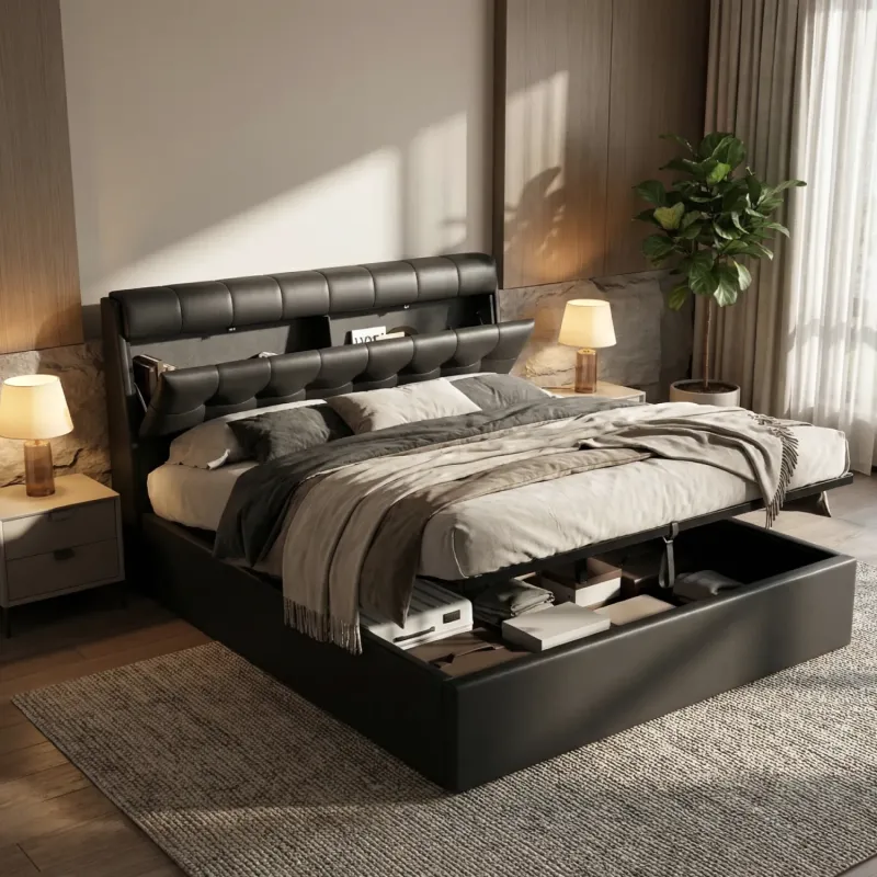 PU Leather Ottoman Storage Bed with Headboard Storage - Black - 4ft 6 Double