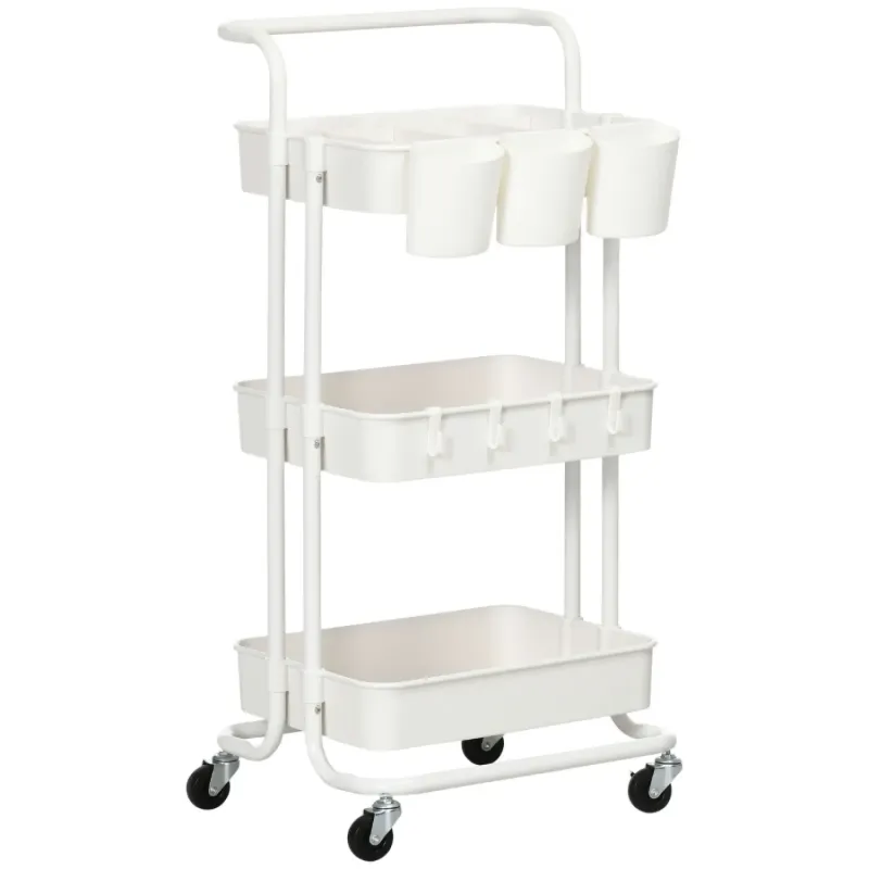 3-Tier Steel Storage Trolley with Clip-on Boxes - White