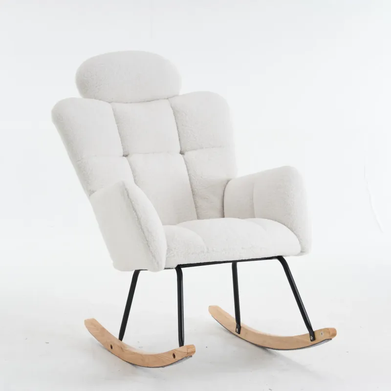 Ivory White Teddy Fabric Tufted Rocking Chair with Headrest