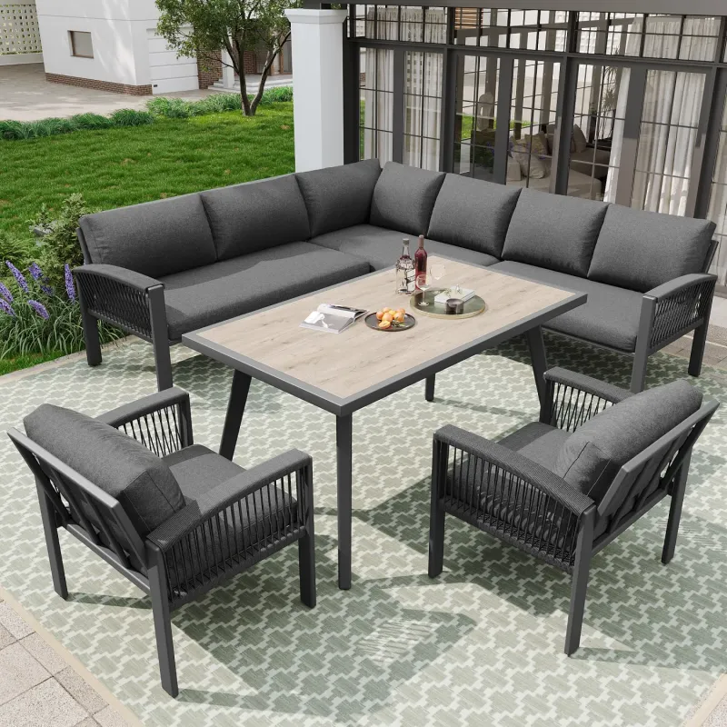 8 Seater Ropework Garden Lounge Set with Wood Grain Finish Table - Gray