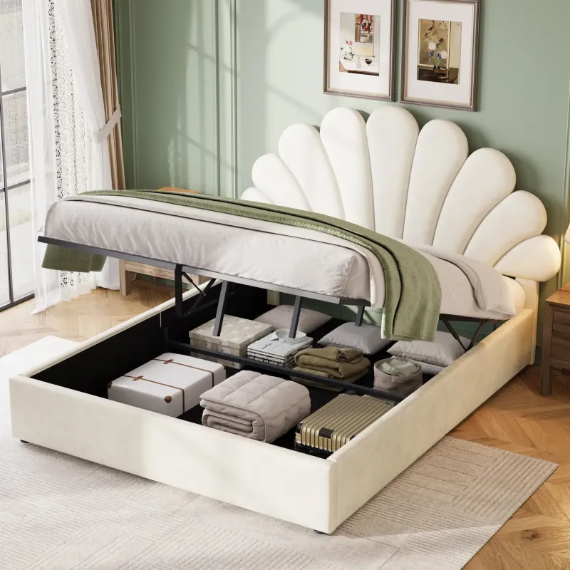Petal Upholstered Double Ottoman Bed in Beige Velvet