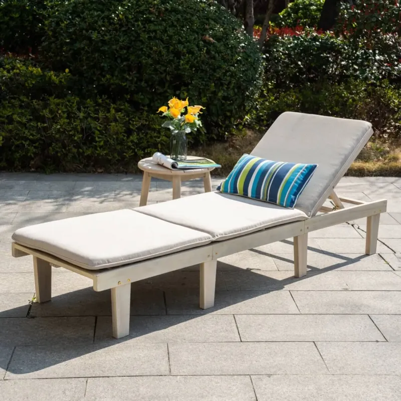 Natural Wooden Garden Sun Lounger Set with Side Table & Cushions