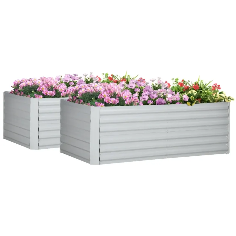 Set of 2 Large Galvanised Steel Raised Garden Beds - 180 x 90 x 59cm - Light Grey