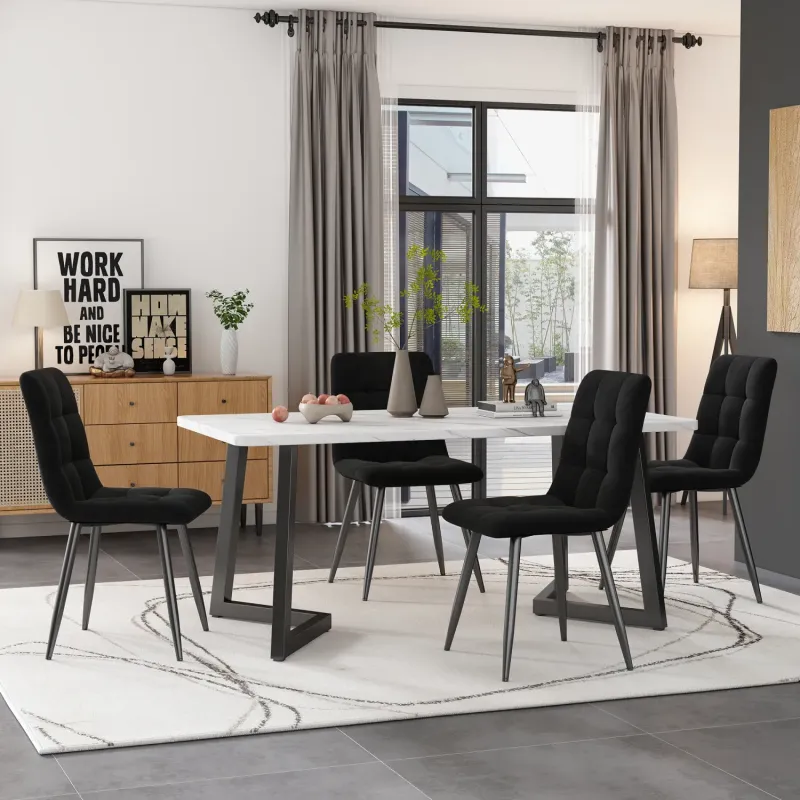 117cm Marble Effect Dining Table and 4 Black Velvet Chairs Set