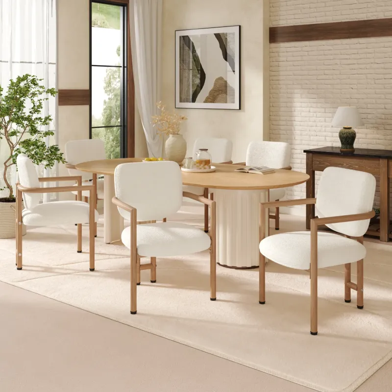 Set of 6 Beige Bouclé Dining Chairs with Wood-Effect Metal Legs