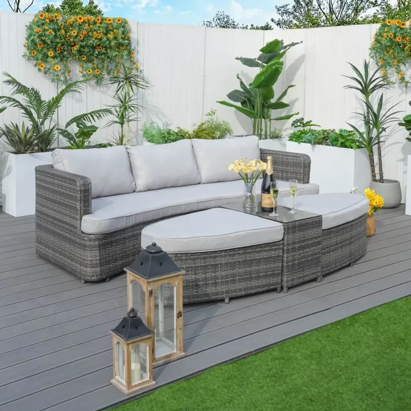 4-Piece Rattan Garden Daybed and Coffee Table Set - Grey