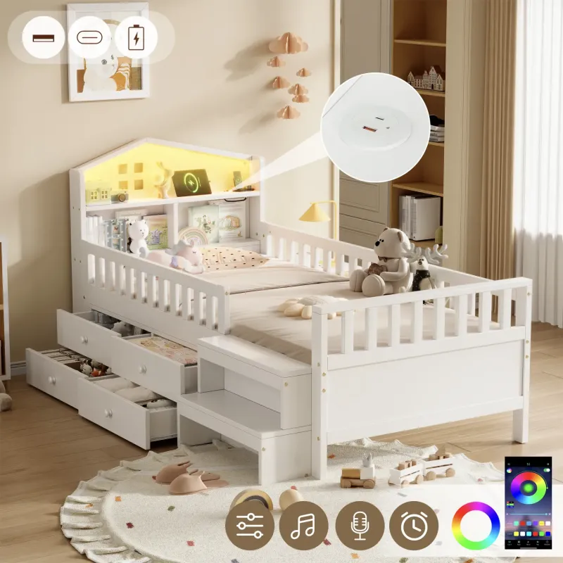 3ft Single Wooden Bed Frame with House-Shaped LED Storage Headboard, Drawers and Step Stool - White