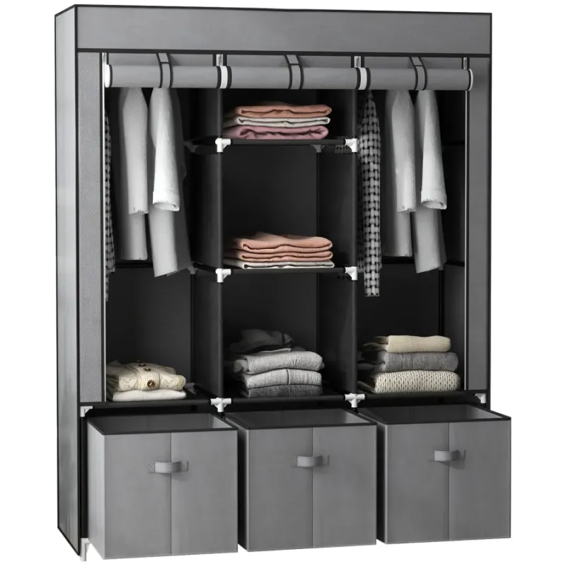 125cm Fabric Portable Wardrobe with 2 Hanging Rails and 3 Drawers - Dark Grey