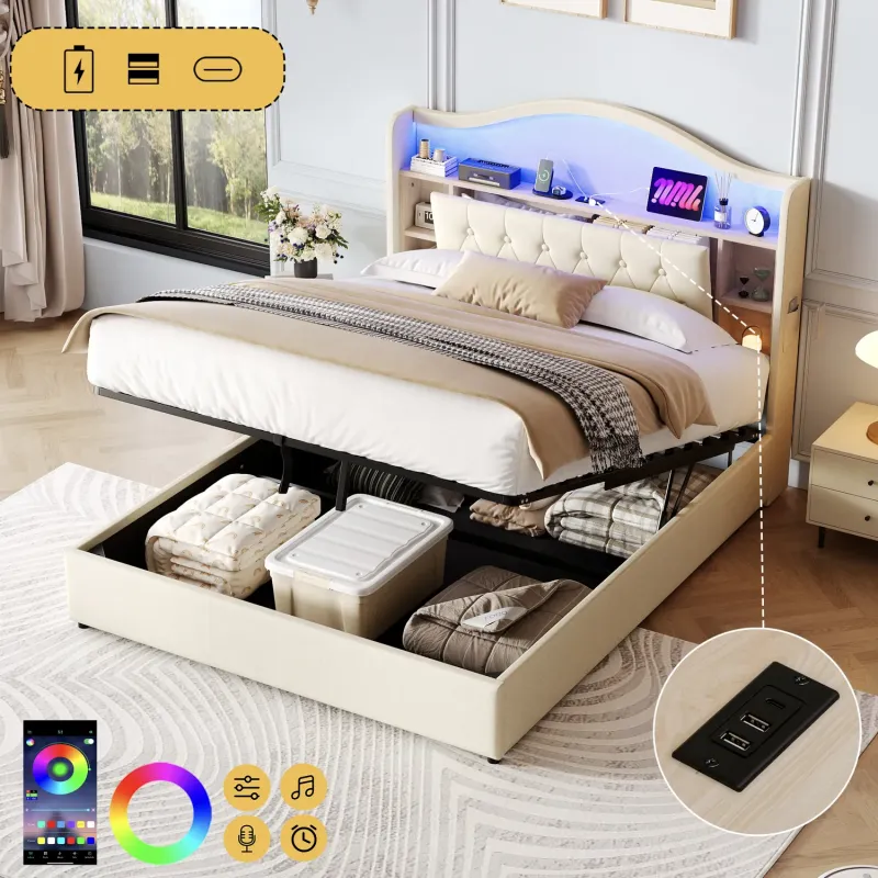 4ft6 Double Ottoman Bed with LED Headboard and Charging Station - Beige Linen