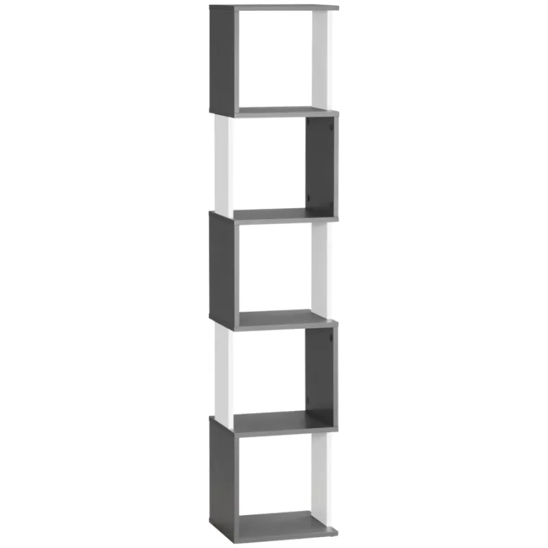 Modern 5-Tier S-Shaped Bookshelf - White and Dark Grey