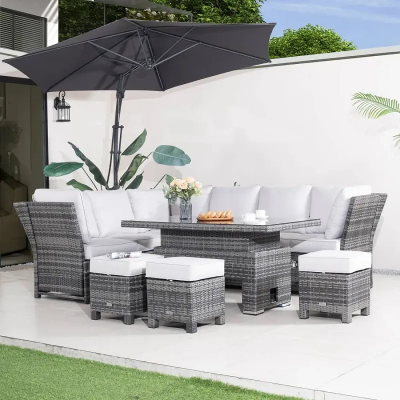 9-Seater Modular Aluminium Garden Sofa Set with Gas-Lift Armrests and Adjustable Table