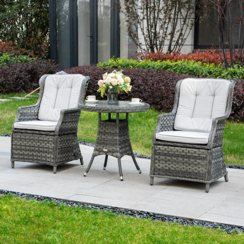 3 Piece Rattan Bistro Set - Round Garden Table and 2 Chairs - Grey