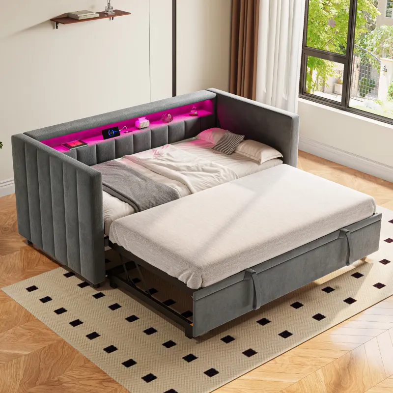 Velvet Sofa Bed, 90x190cm, in Grey, with USB-C, LED Lighting & Storage