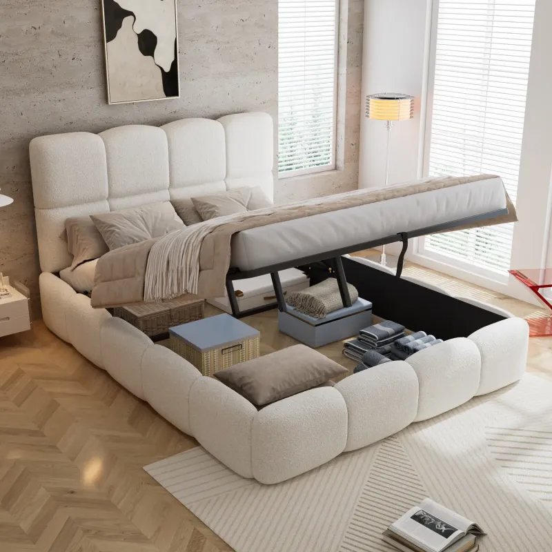Boucle Upholstered Ottoman Storage Bed, 4ft6 Double, Beige