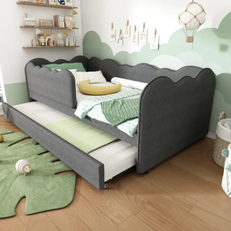 Cloud Shaped Upholstered Daybed with Pull-Out Trundle - Grey Linen