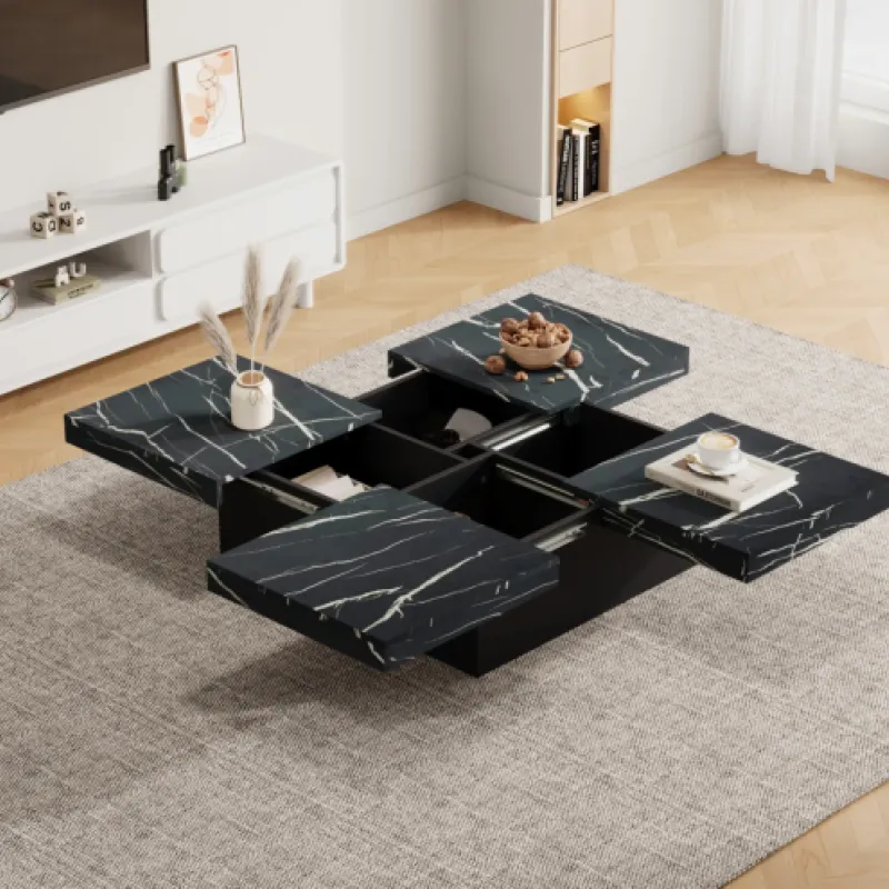Square Coffee Table, Marble Effect in Black, with 4 Sliding Drawers