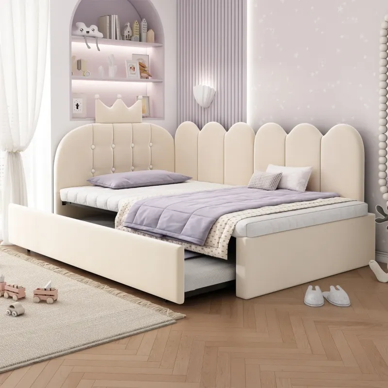 Velvet Daybed, Single, in Beige, with Pull-Out Trundle and Crown Headboard