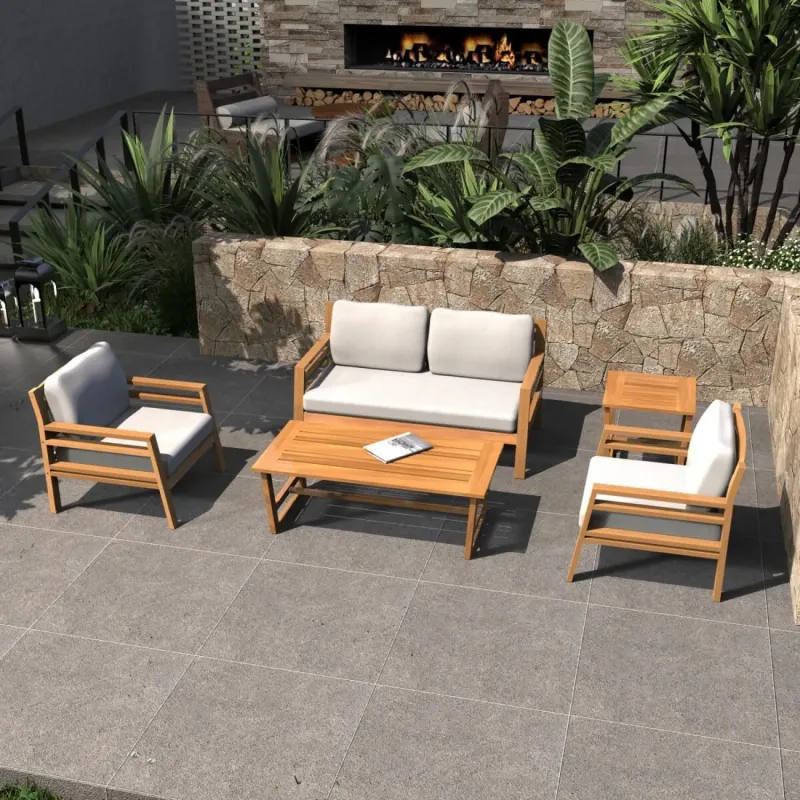 Acacia Wood 4-Seater Garden Lounge Set with Coffee and Side Table - Teak Finish