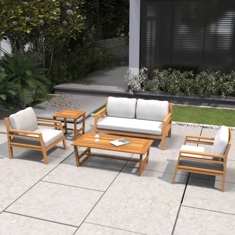 Acacia Wood 4-Seater Garden Lounge Set with Coffee and Side Table - Teak Finish