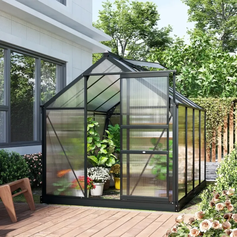 6ft x 8ft Polycarbonate Walk-In Greenhouse with Aluminium Frame & Foundation - Grey