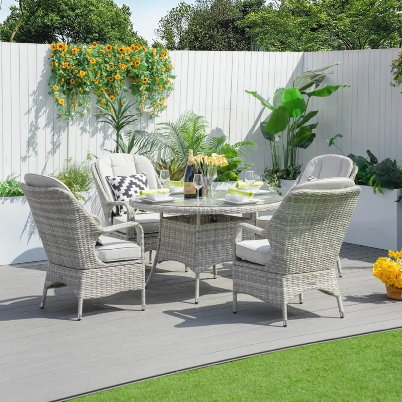 4 Seater Rattan Garden Dining Set with Round Glass Table - Whitewash
