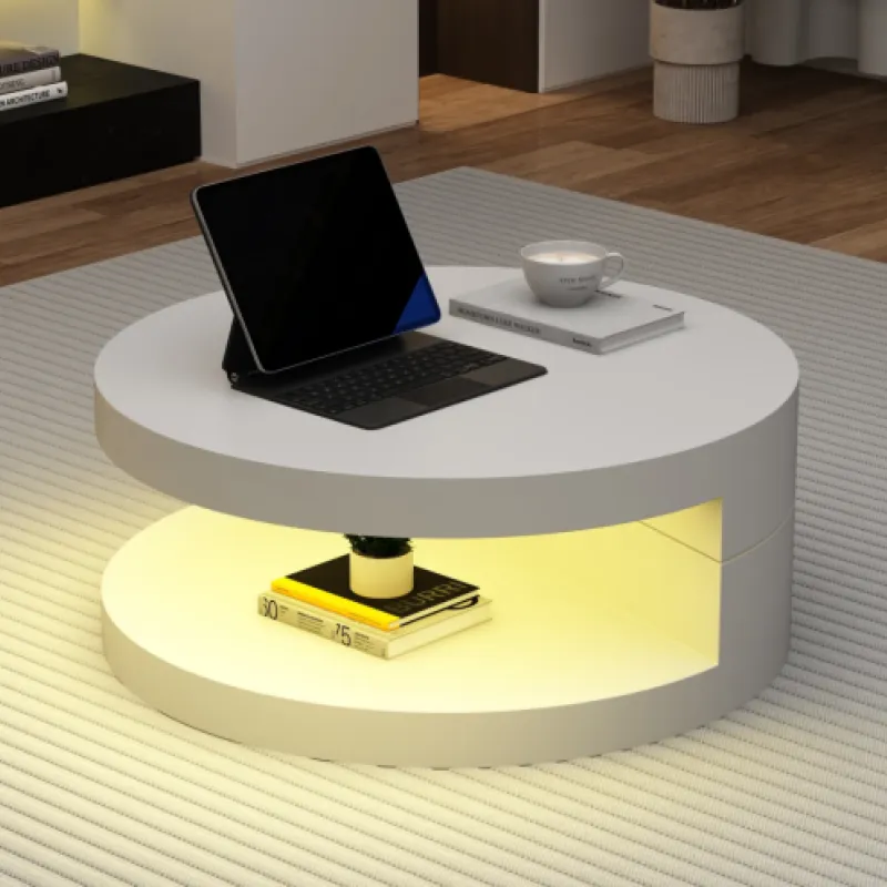 Round Coffee Table, MDF in White, with Rotating Top and App-Controlled LED Lights