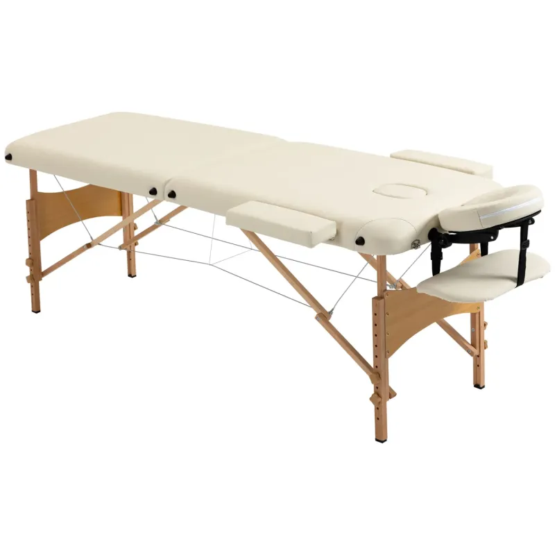 Portable Folding 2-Section Massage Bed with Wooden Frame - Cream