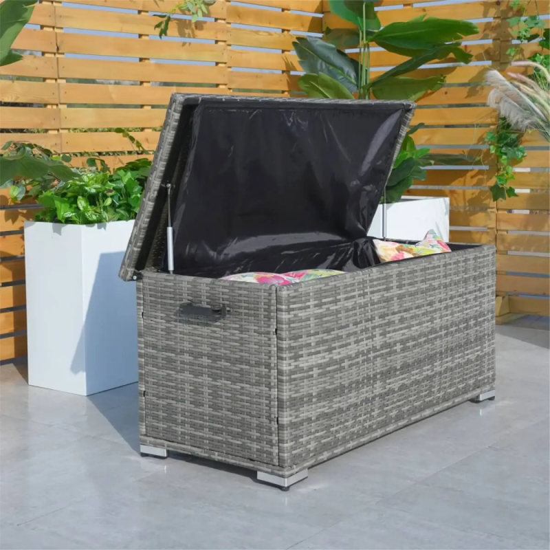 243L Rattan Garden Storage Box with Waterproof Lid and Hydraulic Lift