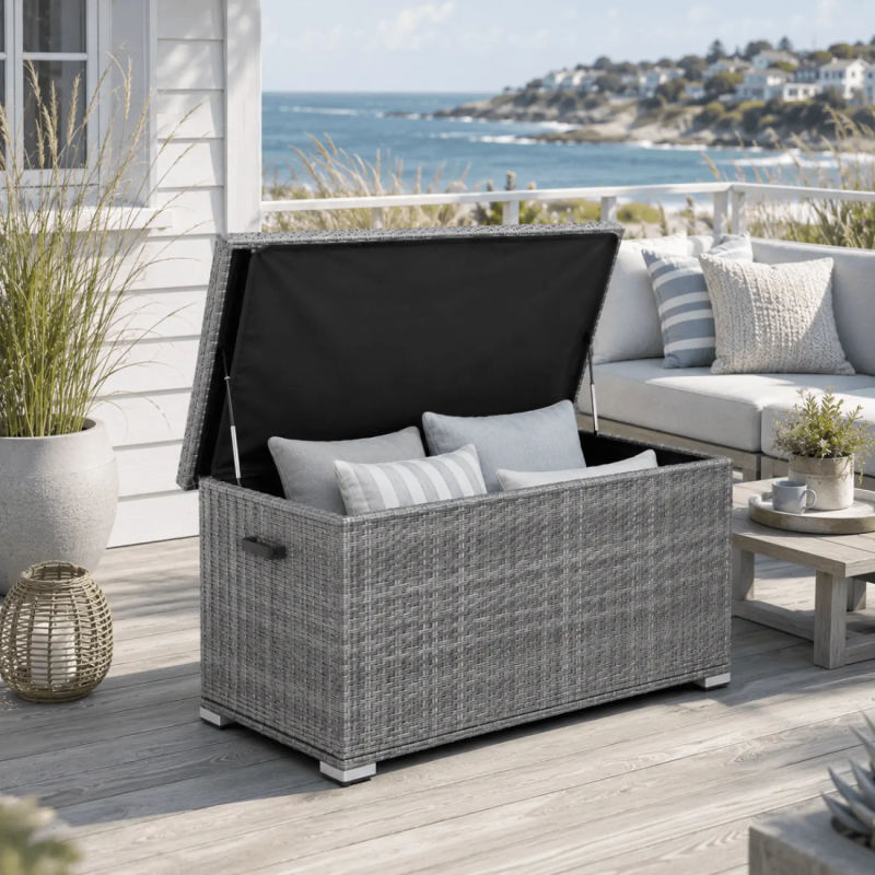 243L Rattan Garden Storage Box with Waterproof Lid and Hydraulic Lift