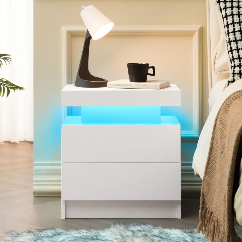 Modern White Bedside Table with Adjustable LED Lights and 2 Drawers