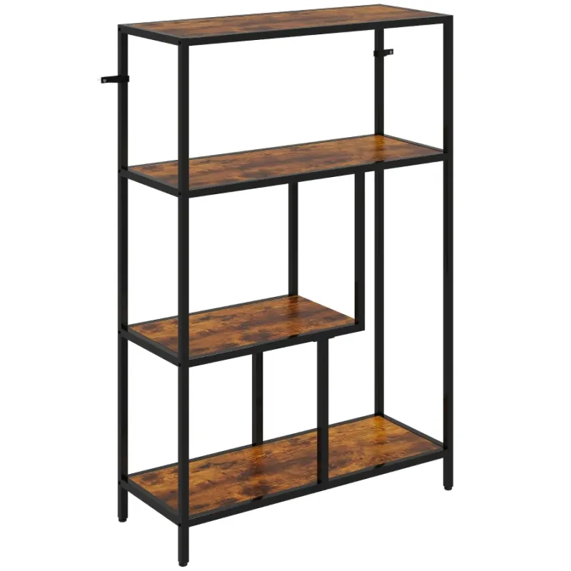 4-Tier Industrial Bookshelf with Open Shelves - Rustic Brown and Black