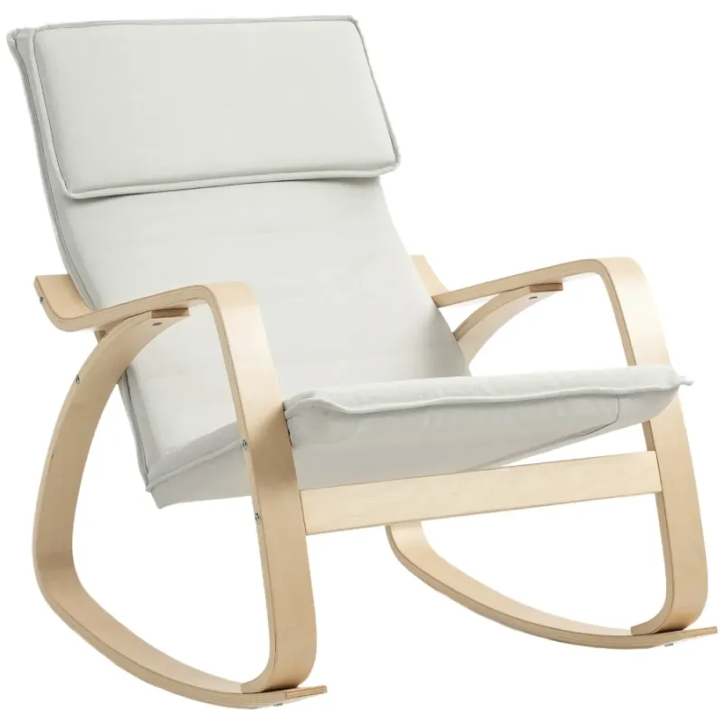 Birch Rocking Chair with Headrest in Cream White Linen-Feel Fabric