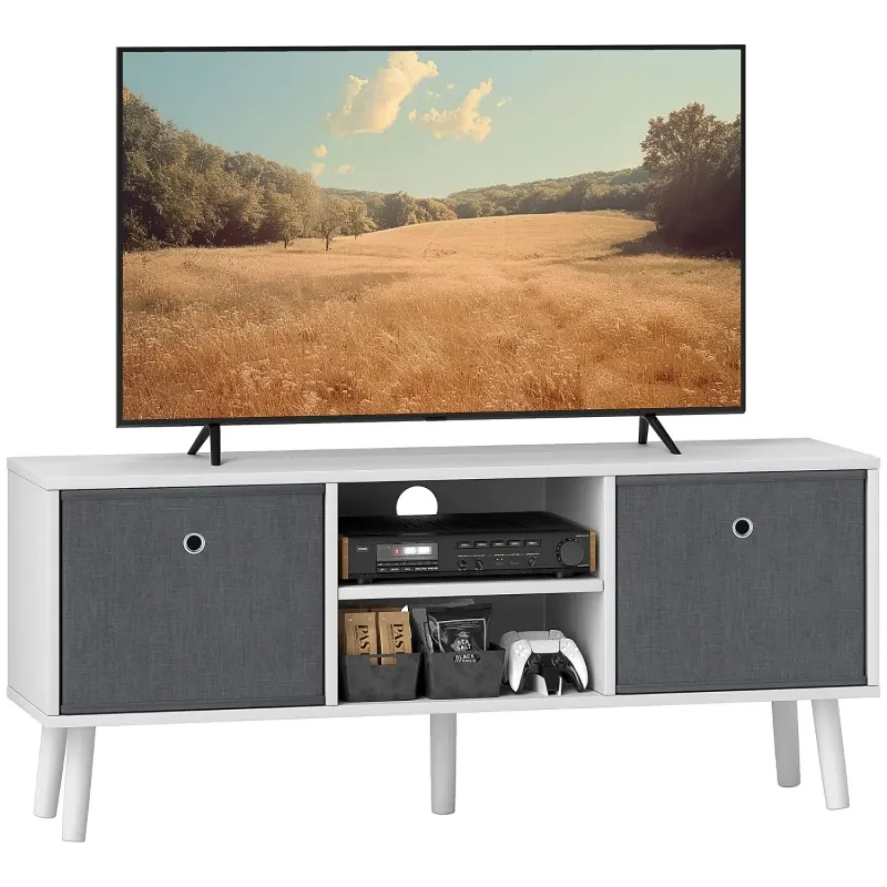 Wooden Leg TV Unit, 110cm, in White, with Foldable Drawers & Shelves