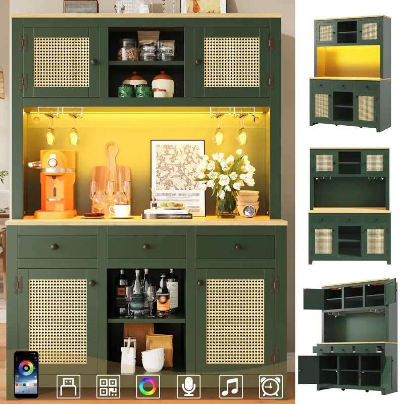 LED Tall Kitchen Larder Cupboard with Rattan Doors