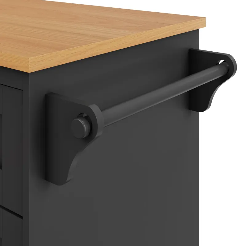 Black Kitchen Island Trolley with Wood Effect Top and Storage, 129cm