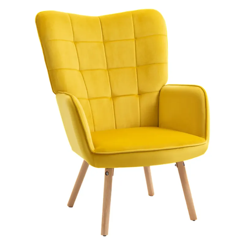 Tufted Velvet Wingback Armchair - Yellow