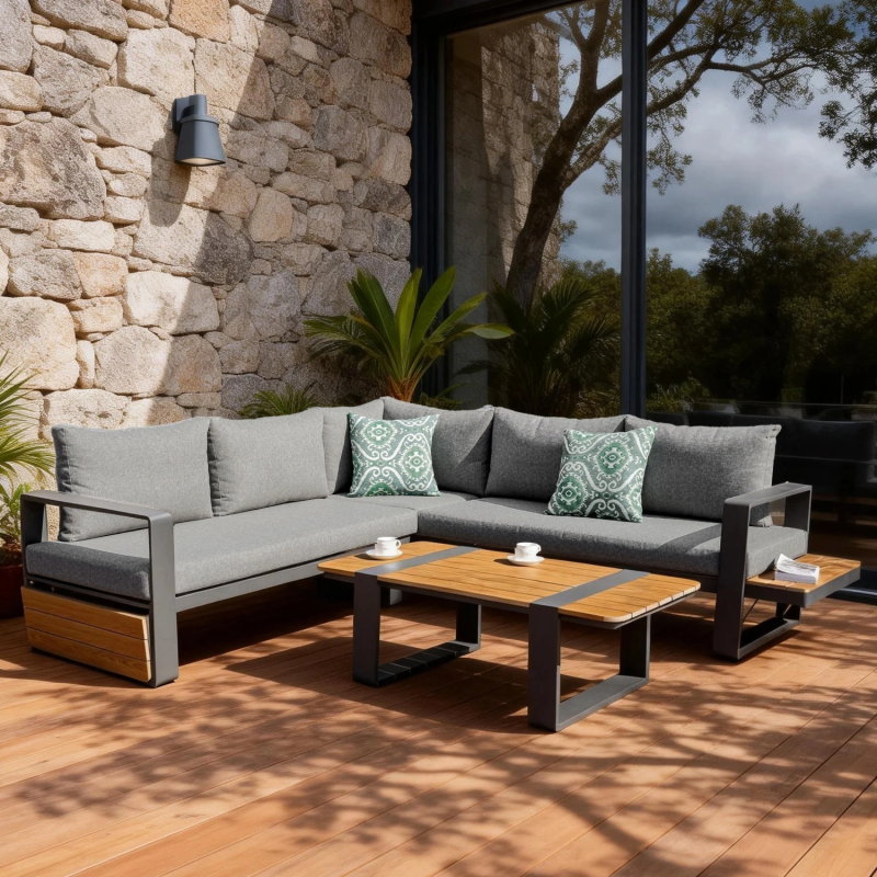 Arvia Aluminium Garden Corner Sofa Set with Integrated Side Shelves & Coffee Table