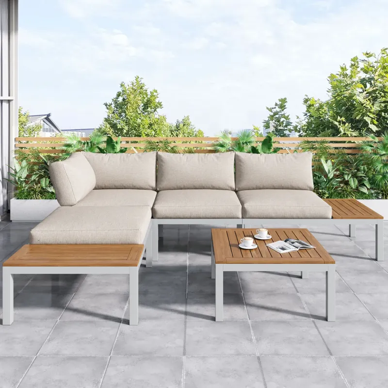 4-Seater L-Shaped Garden Corner Sofa Set with Coffee Table in Beige