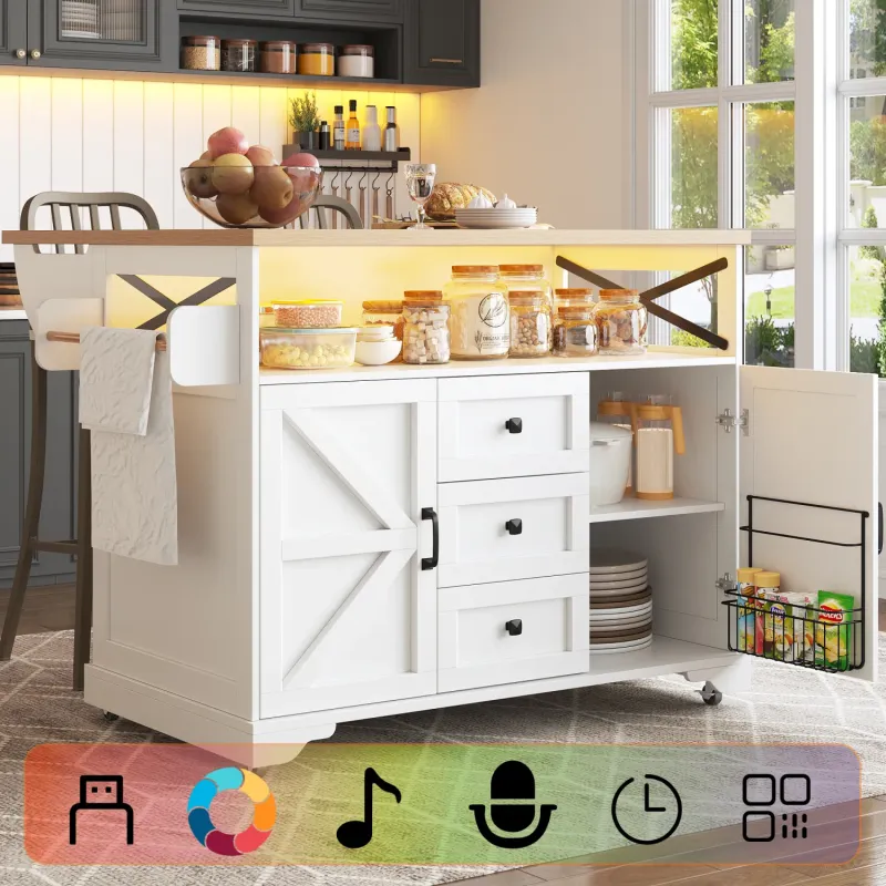 Kitchen Island with Drop-Leaf Table and Smart LED Lighting