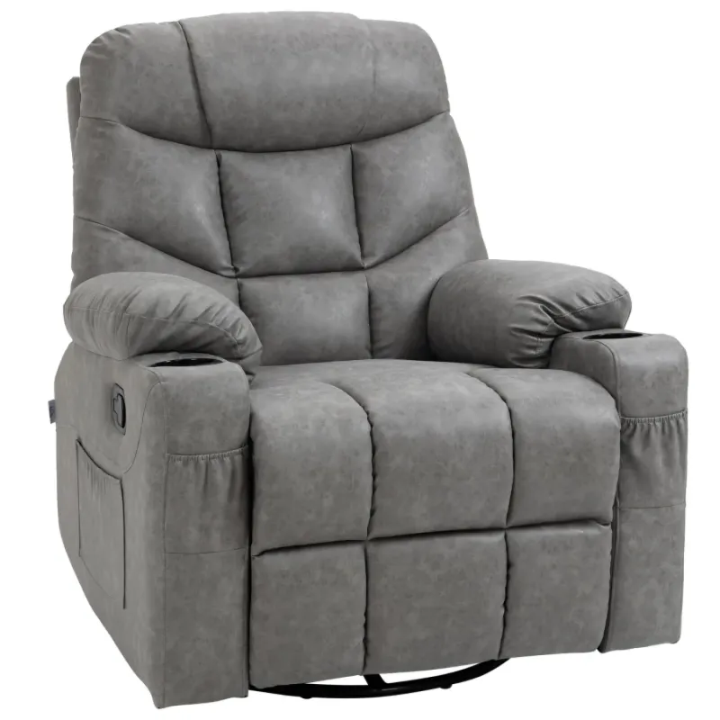 Light Grey Faux Leather Manual Swivel Recliner Armchair with Cup Holders