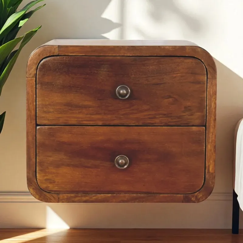 Solid Mango Wood Floating Mini Bedside Table with 2 Drawers, Chestnut