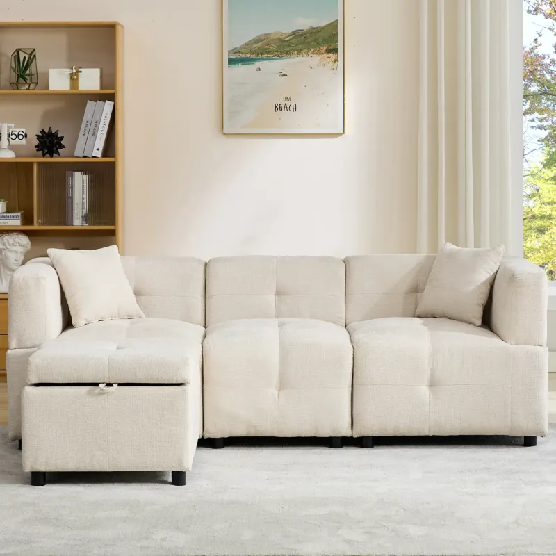 3-Seater L-Shaped Fabric Sofa with Reversible Storage Ottoman - Beige