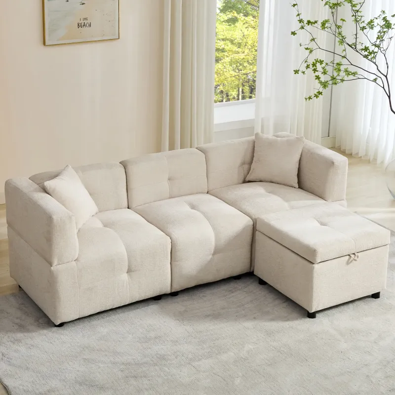 3-Seater L-Shaped Fabric Sofa with Reversible Storage Ottoman - Beige