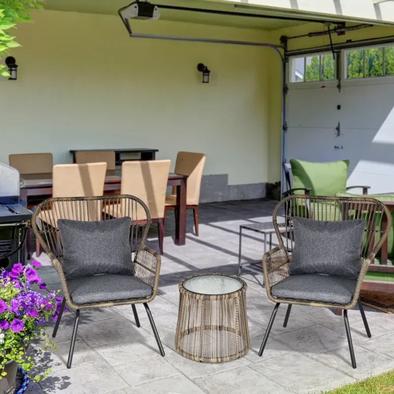  3-Piece Rattan Garden Bistro Set - Grey Wicker Furniture with Cushions and Glass Top Table