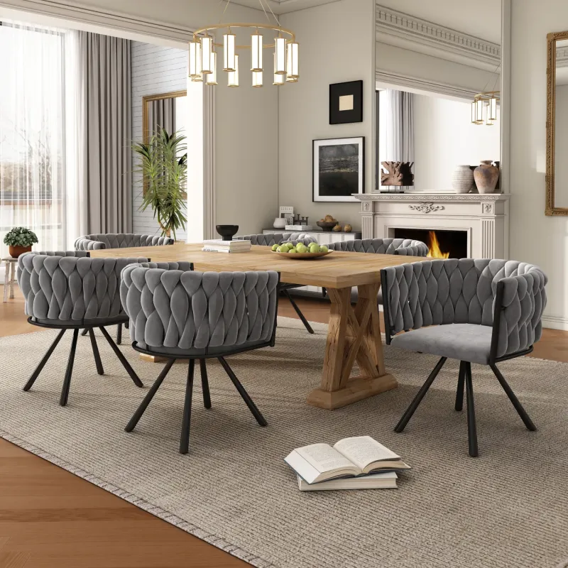 Set of 6 Velvet Swivel Dining Chairs with Metal Legs - Grey