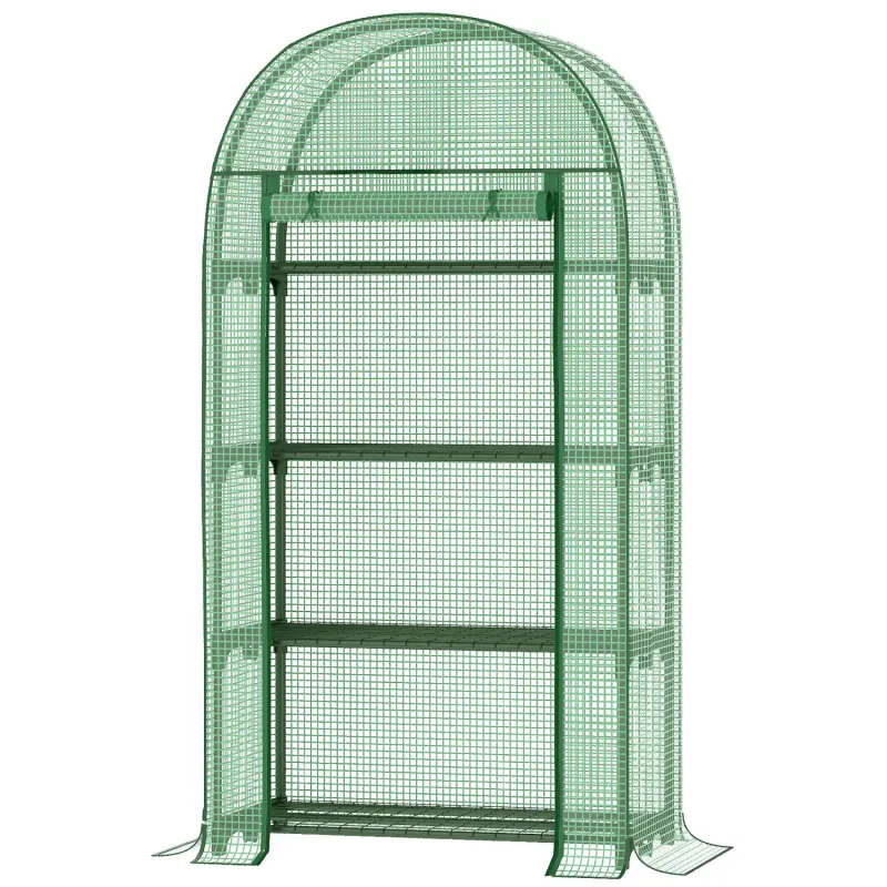 4 Tier Mini Greenhouse with Roll-Up Zipped Door - Green