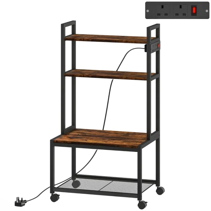 4-Tier Mobile Printer Stand with Power Outlets - Rustic Brown