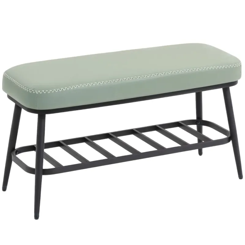 Green PU Leather Shoe Storage Bench with 7cm Padded Seat