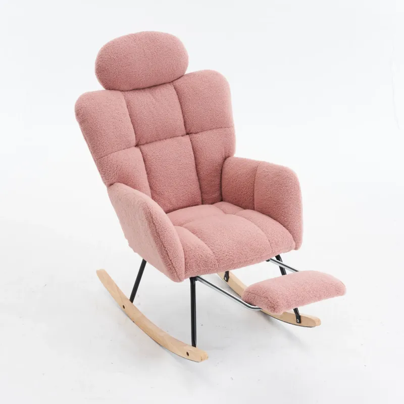Teddy Fabric Tufted Rocking Chair with Foldable Footrest - Pink